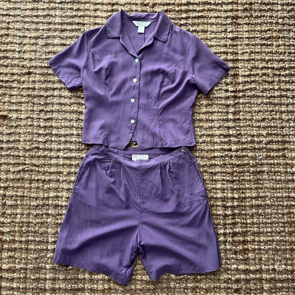 Vintage Petite Sophisticate Purple 100% Silk Shirt Shorts 2 Piece Set M S